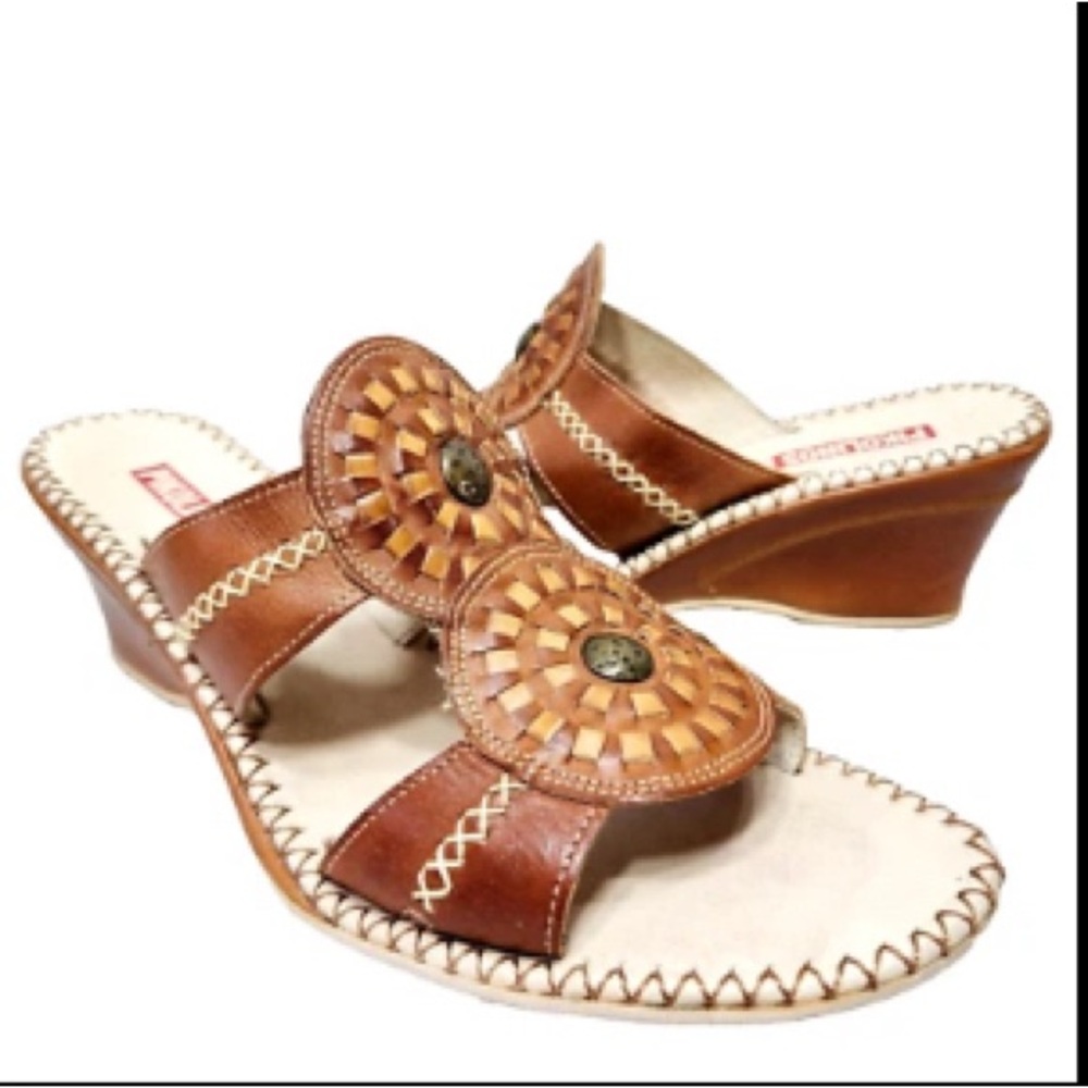 PIKOLINOS Brown Leather Sandals with Ornate Medallion Design